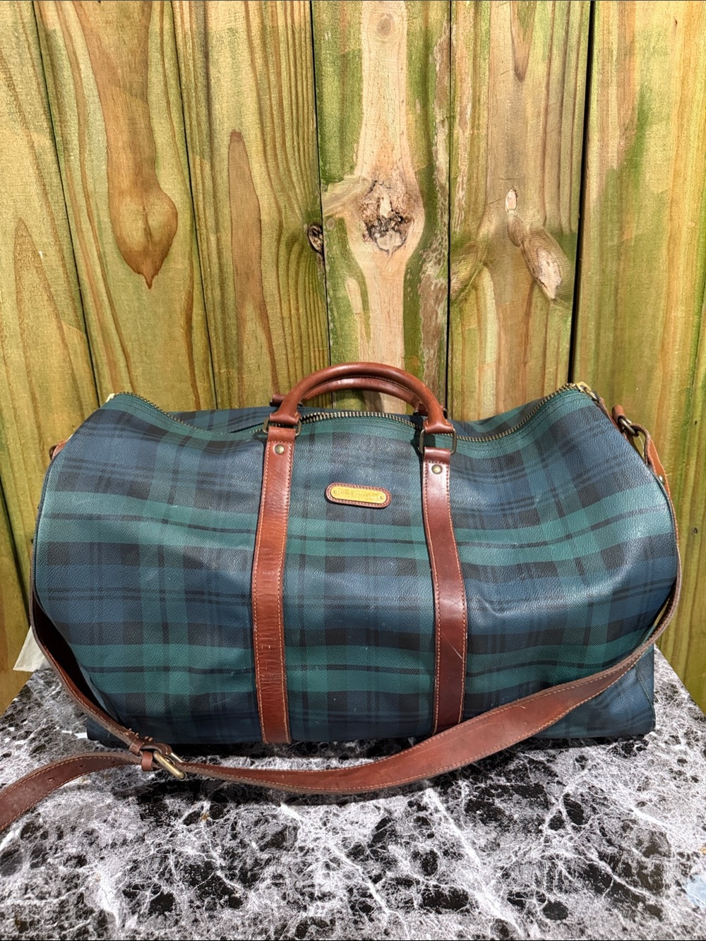 Polo by Ralph Lauren Dark Green and Navy Plaid Leather-Trim Duffel